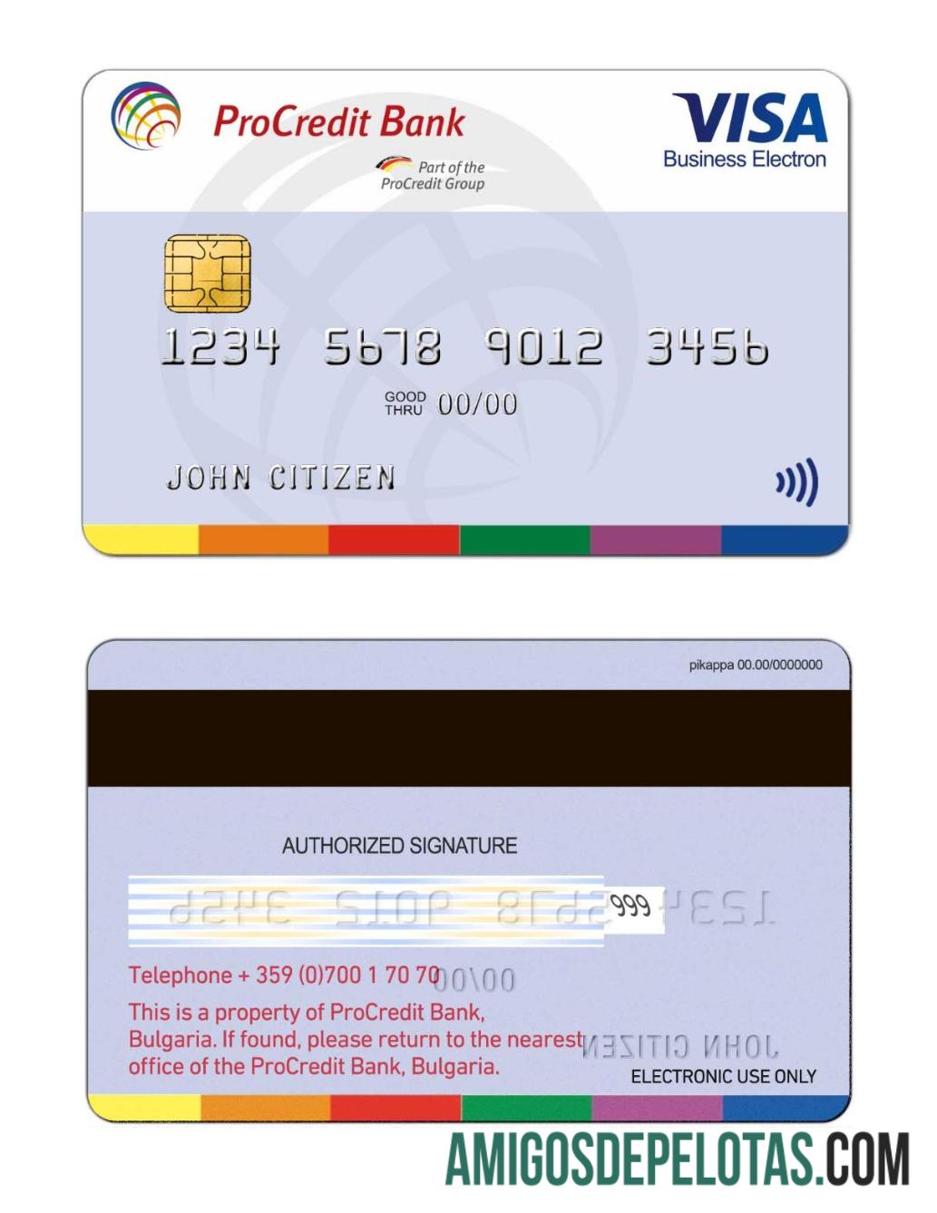 Cartão Visa Electron do Banco ProCredit da Bulgária exemplo real